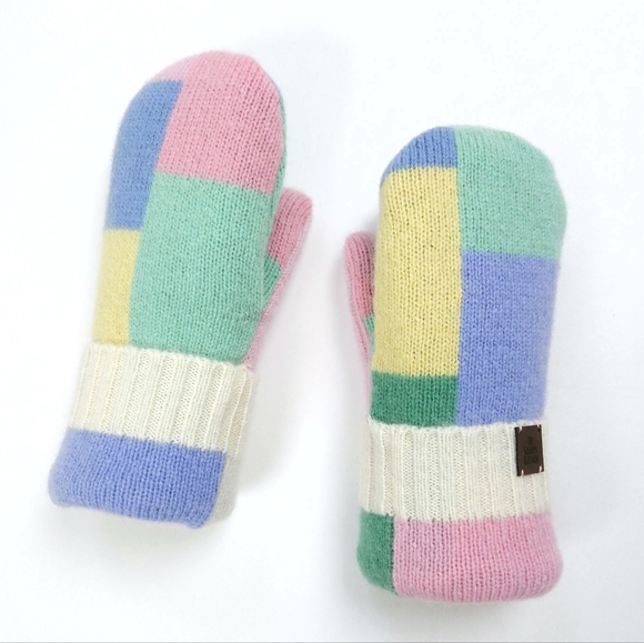 Upcycled Wool Sweater Mittens Pastel Colorblock Double Fleece Lined Adult M